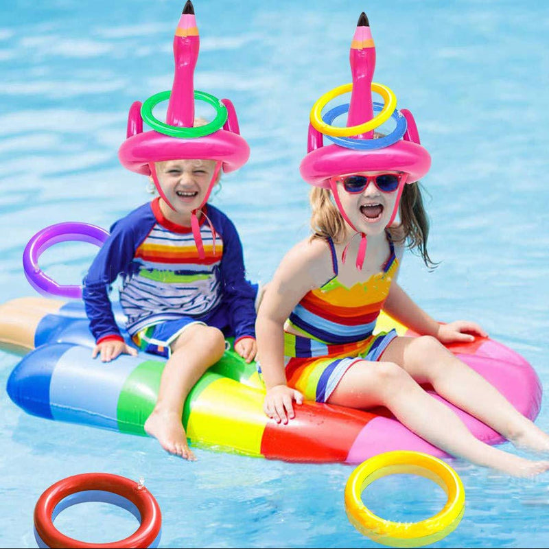HONGCI 2 Sets Party Toss Game Inflatable Flamingo Hat Ring Toss Game with 8 Rings for Kids Adults Family Hawaii Luau Party Summer Pool Party Decor Swimming Party Game Party Favors Fun Games
