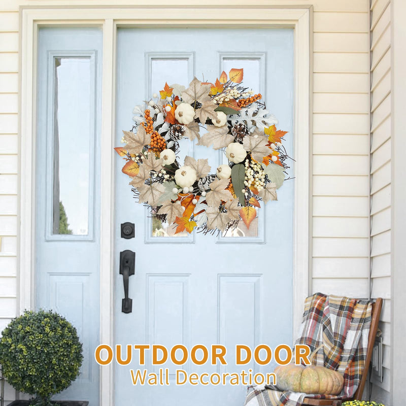 Miaikoe 18 Inch Autumn Wreath Decoration for Front Door, Fall Neutral Wreath with Maple Leaf Berry Harvest Pumpkins Pinecones for Fall Thanksgiving Halloween Decorations 45cm (White&Brown) - Gift Guide