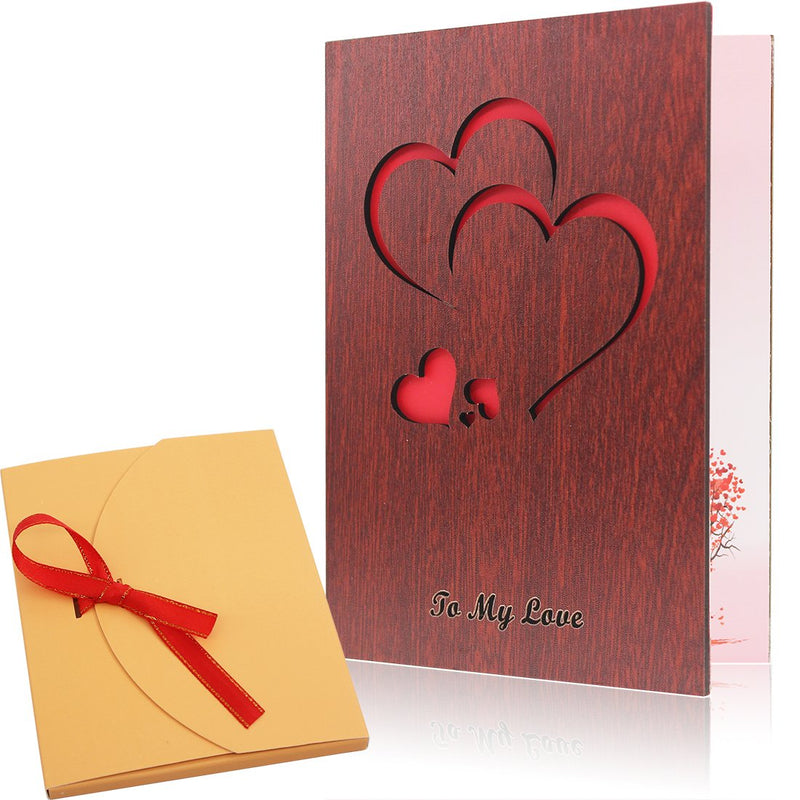 Creawoo Handmade Walnut Wood Love Greeting Card Unique Card Box Idea Greeting Card for Valentine's Day, Birthday Anniversary with Hollow Carved Design, Best Gift for Her, Him, Wife, Husband