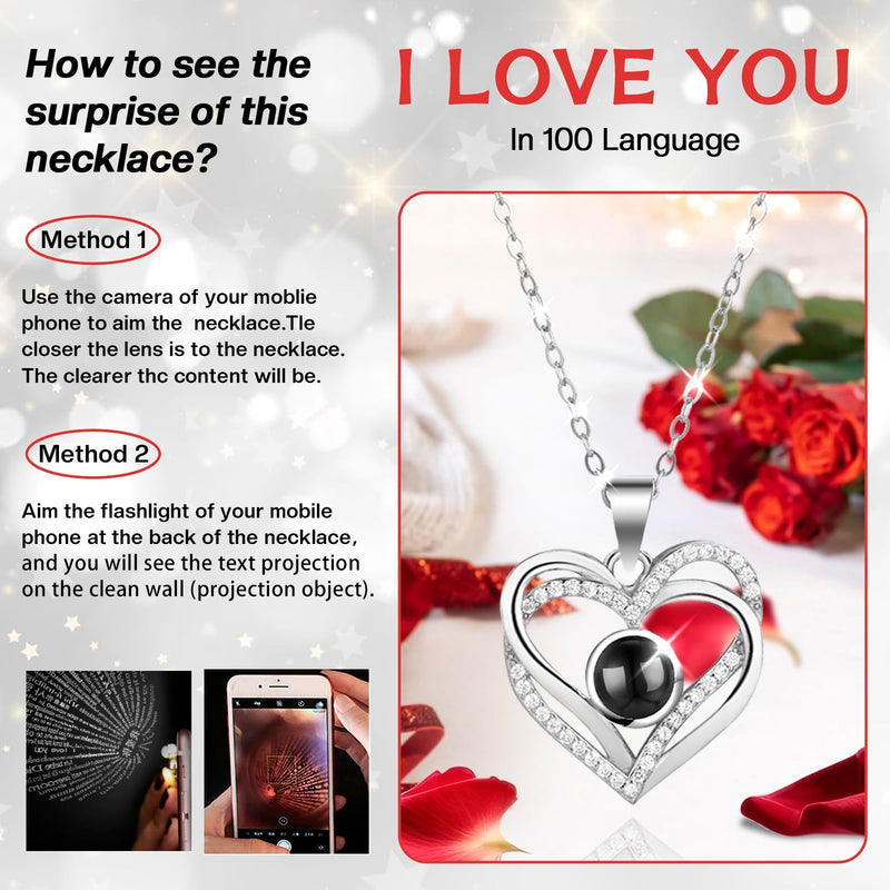 Preserved Red Real Rose with I Love You Necklace in 100 Languages-Eternal Flowers Rose Gifts for Her Women Mum Wife Girlfriend on Christmas Valentines Day Mothers Day Anniversary Birthday