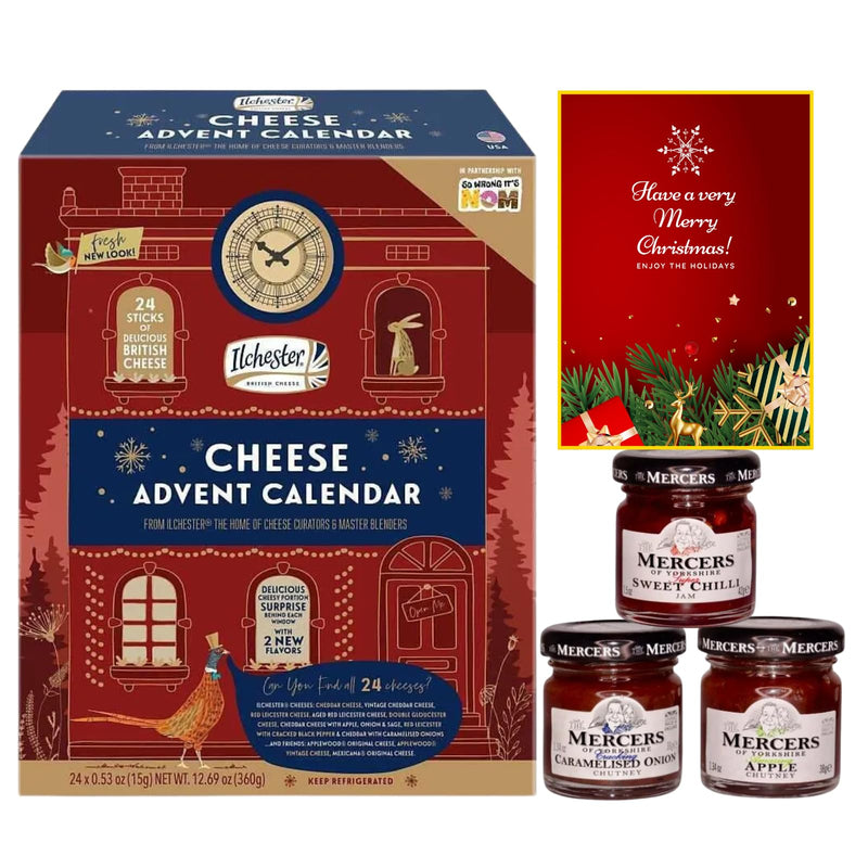 Ilchester Cheese Advent Calendar 2024, Chutney and Christmas Card - World's First Cheese Advent, 24 Individually Wrapped Cheese Selection - Cheese Gifts, Chutney Gift Sets, Unique Food Advent Calendar - Gift Guide