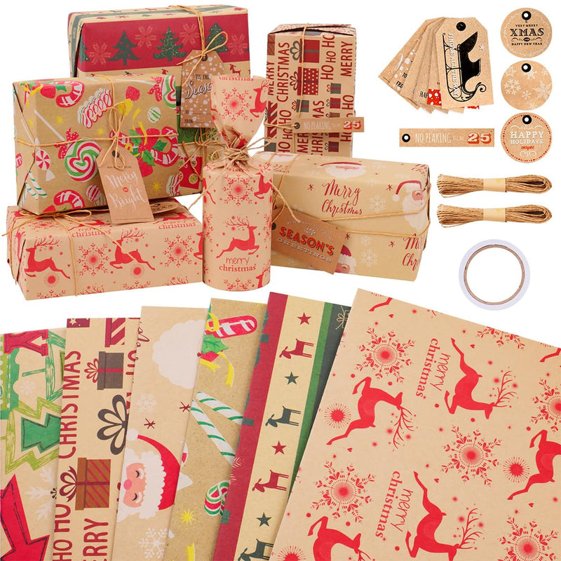 Niviy Christmas Wrapping Paper Sheets 70x50cm Printed with Santa Claus, Christmas Tree and Elk, Recyclable Xmas Wrap Paper for Wrapping Gift with Hang Tag, Double-Sided Ribbon and Twine Pack of 6 - Gift Guide