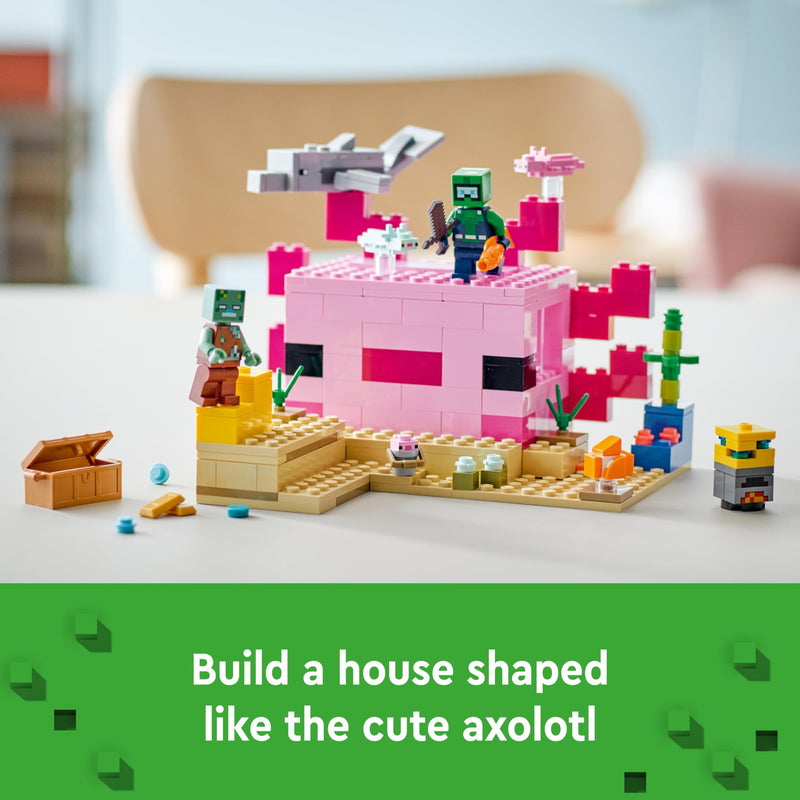 LEGO Minecraft The Axolotl House Set, Buildable Underwater Base with Diver Explorer, Zombie plus Dolphin and Puffer Fish Figures, Adventure Toys for Kids, Girls, Boys Aged 7 Plus 21247