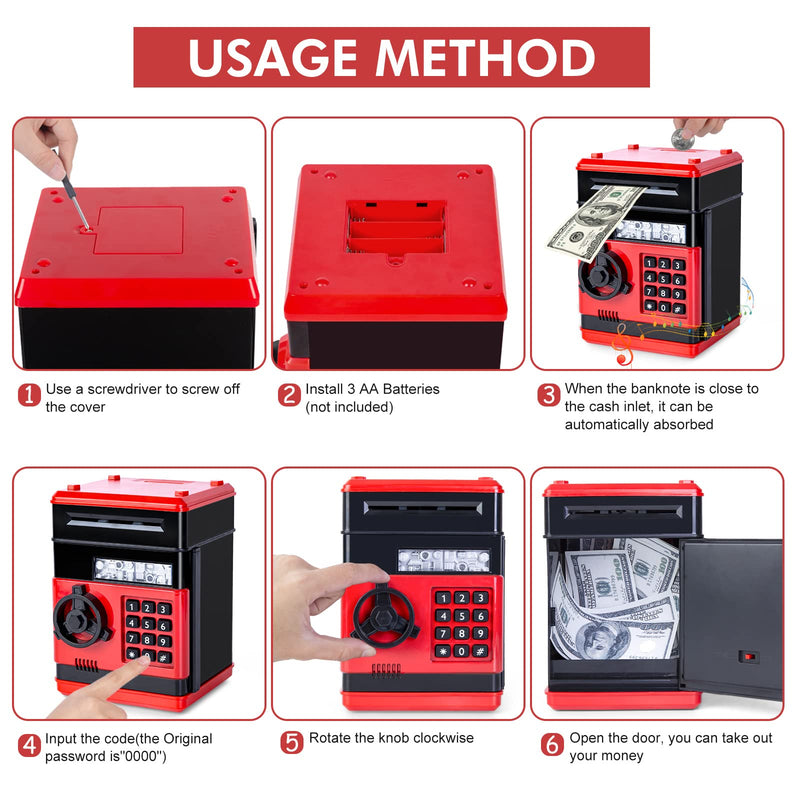 Highttoy Piggy Bank for Kids, Electronic Money Box for Kids ATM Savings Bank Password Safe Birthday Gifts for 3-12 Year Old Boys Girls Cash Coin Saving Bank for Kids Red - Gift Guide