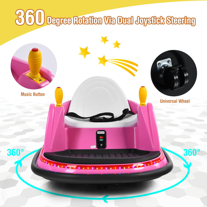 COSTWAY Kids Bumper Car, 360-Degree Rotation Spin Children’s Waltzer Cars with Joystick, Remote Control, Colorful Flashing Lights and Music, Battery Powered Ride on Toy for Boys Girls (Pink)