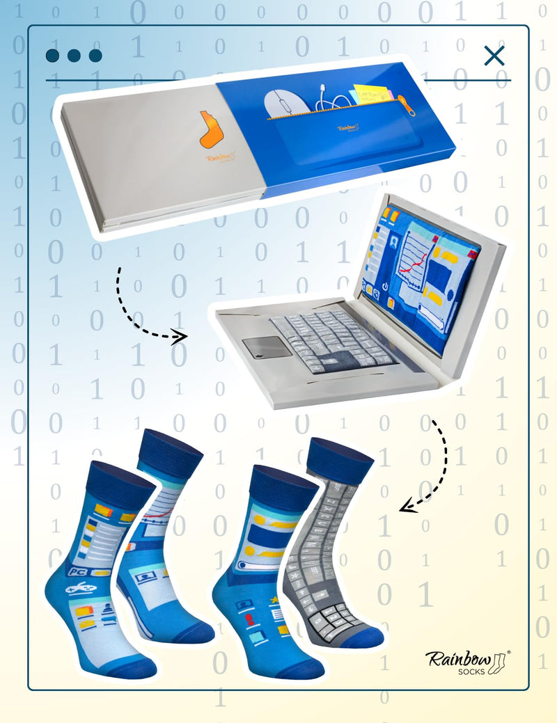 Rainbow Socks - Laptop Box Socks - Women Men Novelty Gift Socks for Programmers and IT Geeks - 2 Pairs - Size 7.5-11