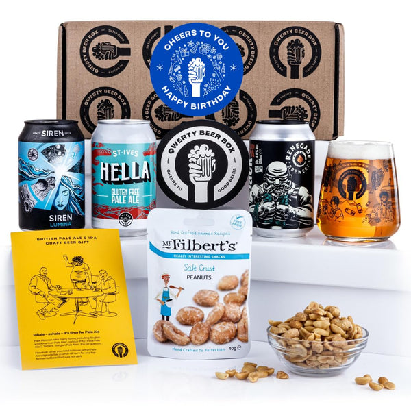 Premium Happy Birthday Craft Beer Gift Pack - 3x330ml Craft Beer Cans Including IPA and other Pale Ales, Bespoke Branded Glass, Delicious Mr.Filberts Snack and Tasting Notes - Birthday Beer For Men