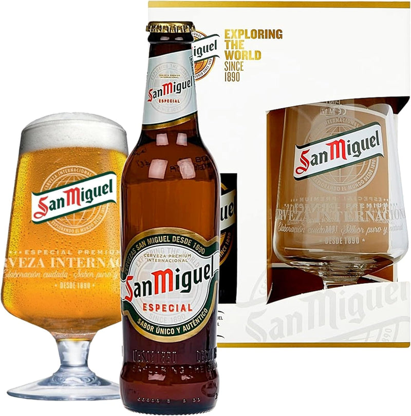 San Miguel Beer Gift Set - Official Branded 330ml Glass Bottle & Engraved Chalice Pint Glass Gifts for Him. Perfect Birthday Gifts for Men, Christmas Gifts for Stocking Fillers, Dad Gifts - Gift Guide