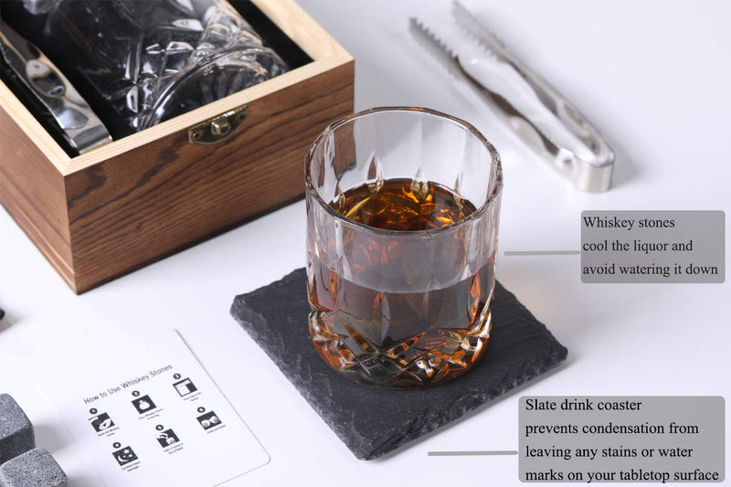 Whiskey Stones and Glass Gift Set for Men – 4 Whisky Scotch Bourbon Chilling Stones + Whiskey Rock Glass + Slate Coasters for Whiskey, Christmas/Father's Day/Birthday Gift/Present for Dad Boyfriend