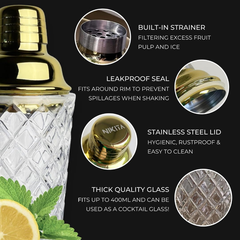Gold Cocktail Shaker Set - Glass Cocktail Shaker Set - Matching Measuring Jigger and Bar Spoon with Muddler - Gold Drink Shaker with Strainer - 5 pcs - Luxury Gift Box (Gold)