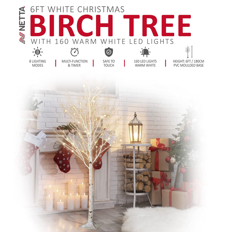 Netta 6FT Birch Twig Tree with 160 Warm White LED Lights, Auto-Off Timer and 8 Lighting Modes, 3M Power Cable, Suitable for Indoor or Outdoor Use - White - Gift Guide