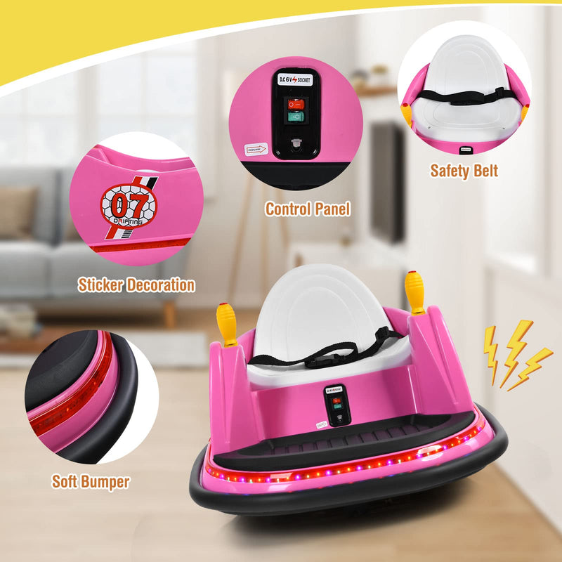 COSTWAY Kids Bumper Car, 360-Degree Rotation Spin Children’s Waltzer Cars with Joystick, Remote Control, Colorful Flashing Lights and Music, Battery Powered Ride on Toy for Boys Girls (Pink)