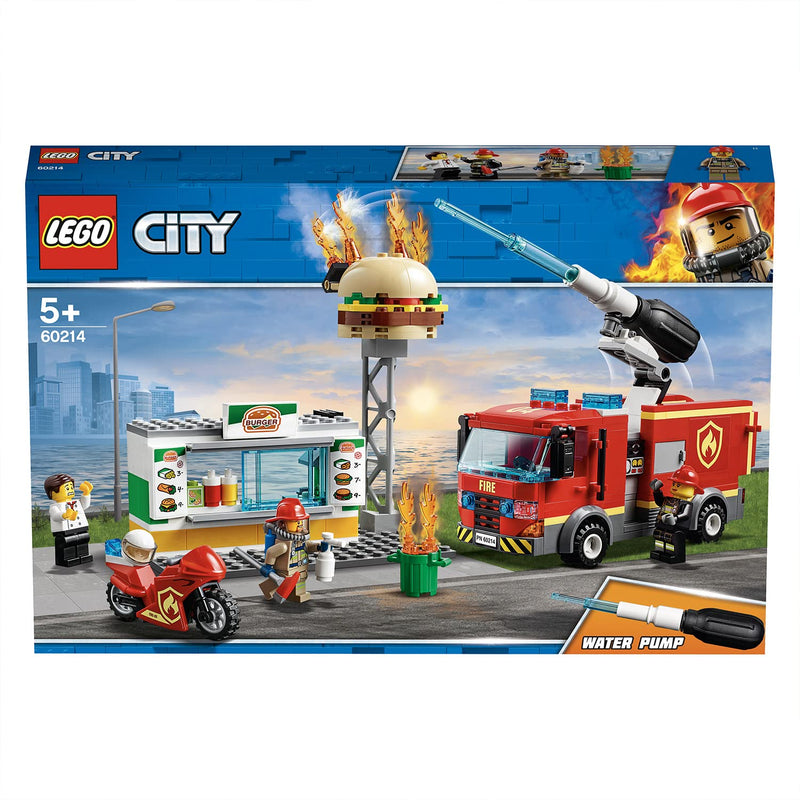 LEGO 60214 City Burger Bar Fire Rescue Set with Truck and Motorbike Toy Vehicles and Firefighter Minifigure, Gifts for 5 Plus Years Old Boys & Girls