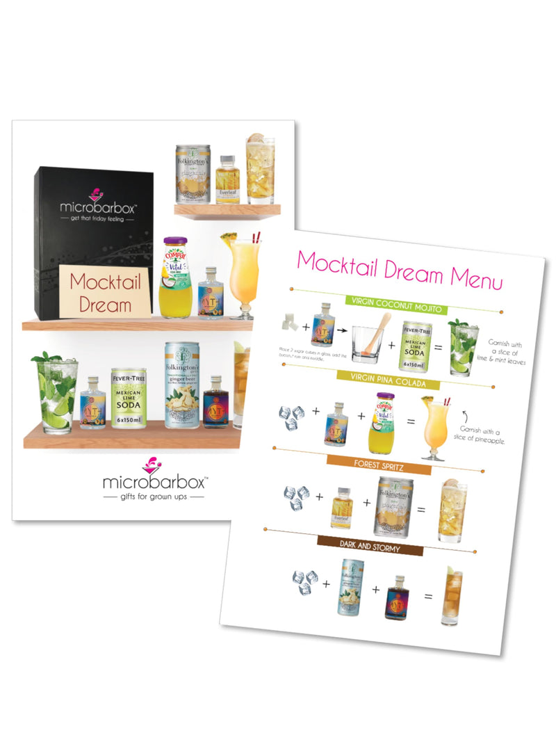 MicroBarBox Mocktail Dream Gift Set in a Premium Luxury Gift Box | Non Alcoholic Gift Set Features: Virgin Coconut Mojito, Virgin Pina Colada, Forest Ginger Spritz, Dark and Stormy