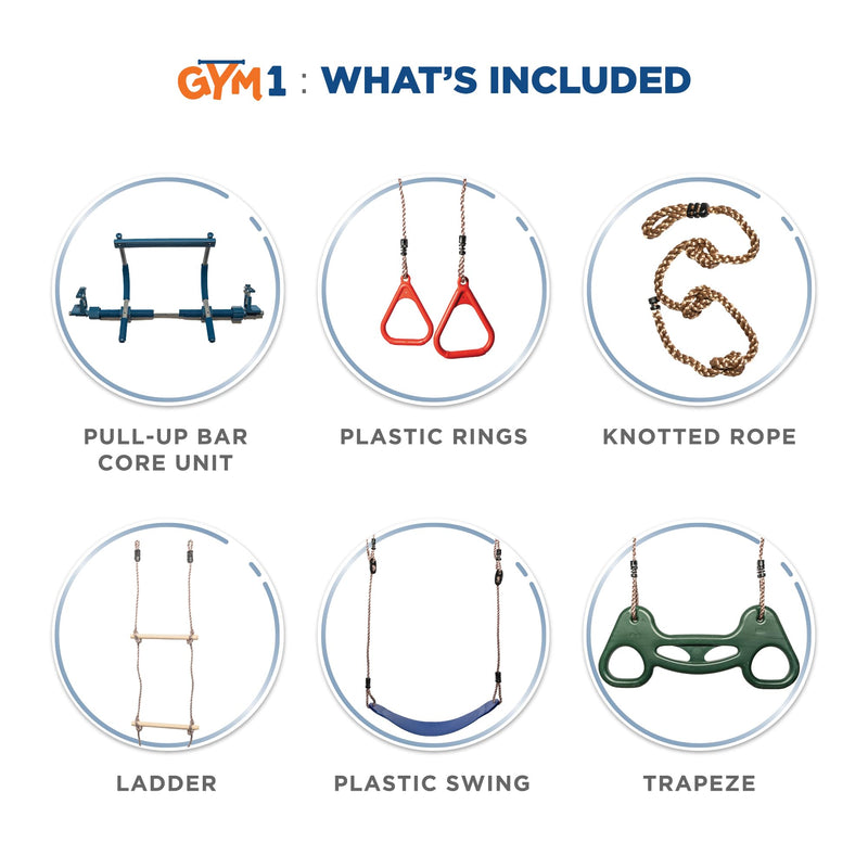 Gym1 6-Piece Doorway Gym for Kids, Includes Door Sensory Swing, Indoor Pull-Up Bar for Adults, Rings, Hanging Trapeze, Ladder & Knotted Rope, Holds Up to 300 Lbs