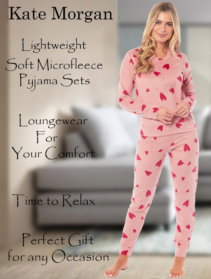 KATE MORGAN Womens Pyjamas Warm Fleece Pyjamas for Women Sets Pjs S-XL | Soft Twosie Pyjama Set for Ladies Gifts for Her PINK HEART S - Gift Guide