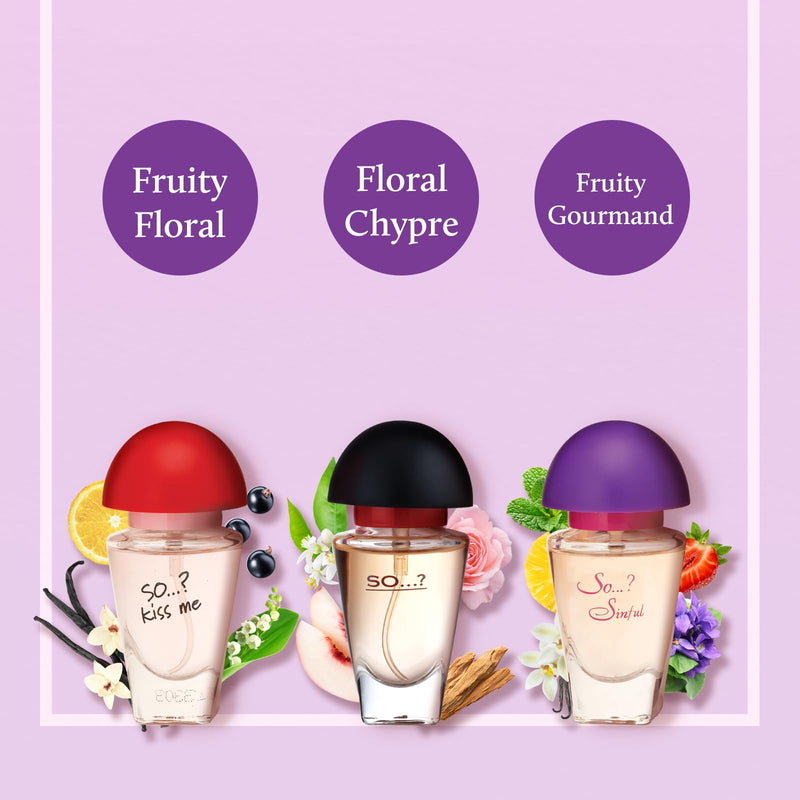 SO…? Three For Me Premium Womens Perfume Gift Set, Kiss Me, Sinful, SO...?, Eau De Toilette with Long Lasting Fragrance - Travel Size Mini Perfume for Girls, Ladies Gift Sets (3 x 15ml)