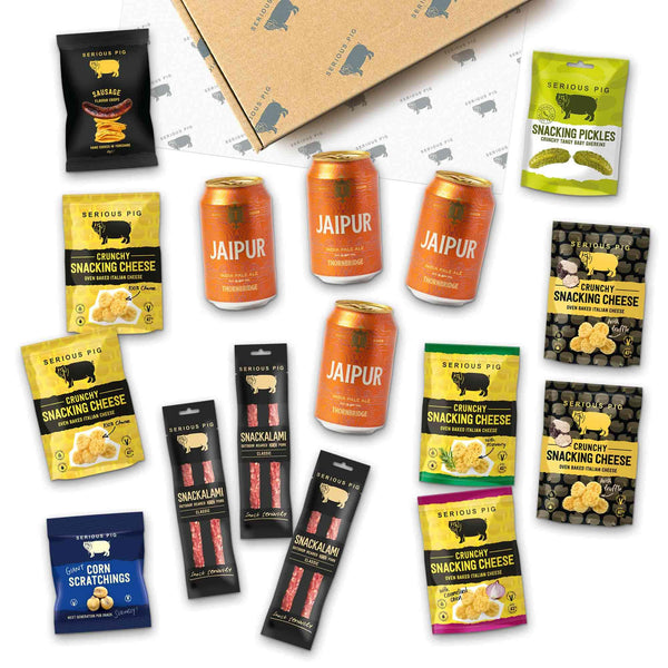 SERIOUS PIG Craft Beer Gift Box with Gourmet Snacks, Hamper with Crunchy Cheese British Pork Charcuterie Snacks and Pale Ale