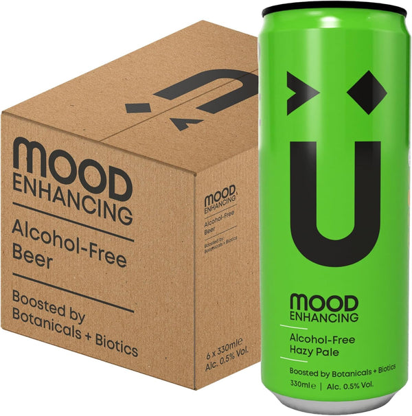 NuWave Alcohol-Free Beer Hazy Pale + Mood-Enhancing Botanicals & Unique Biotics to Support Gut Health - 0.5% abv, 59 Calories, Vegan, Gluten Free - Social Buzz Non Alcoholic Beers (6x330ml Cans)