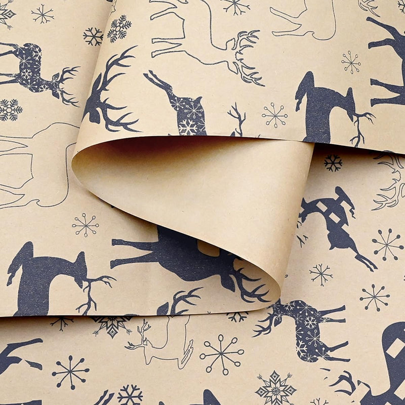 OTMVicor Roll of Christmas Wrapping Paper, 15M Recyclable Gift Wrapping Paper 43cm Width Kraft Paper Printed with Navy Blue Elk Snowflake for Christmas Birthday Gift Wrapping - Gift Guide