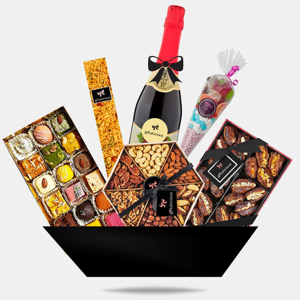 Halal Barfi Hamper by Giftalicious® with Barfi, Nuts, Dates and Non-Alcoholic Champagne