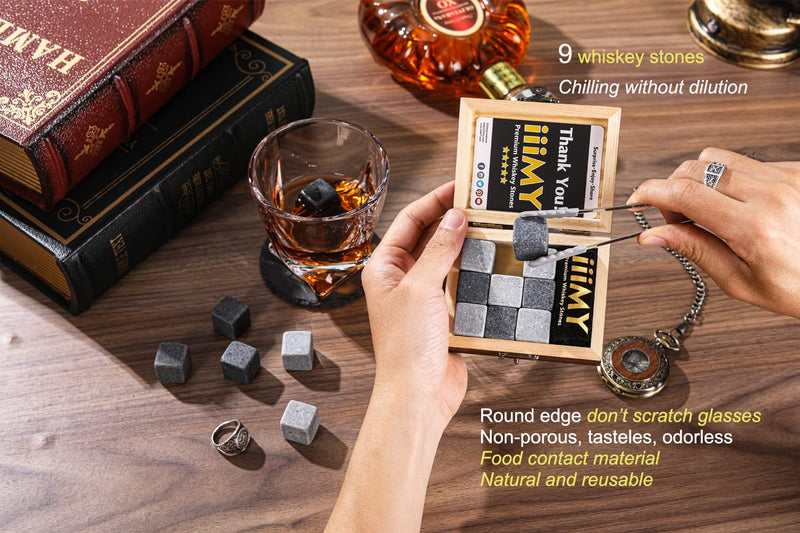 iiiMY Whisky Stones Gift Set of 9 Natural Soapstone and Granite Chilling Rocks with Stylish Wooden Box and Free Velvet Pouch - Christmas, Birthday, Fathers Day Gift for Men