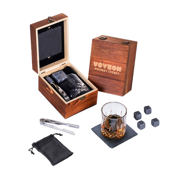 Whiskey Stones and Glass Gift Set for Men – 4 Whisky Scotch Bourbon Chilling Stones + Whiskey Rock Glass + Slate Coasters for Whiskey, Christmas/Father's Day/Birthday Gift/Present for Dad Boyfriend