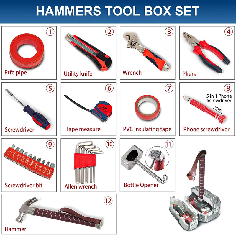 28 Piece Thor Hammer Tool Box, Household Thor Hammer Tool kit, Daily Repair Tool Set, Hand Tools, Novelty Holiday Gift for Men,Thor's Fans
