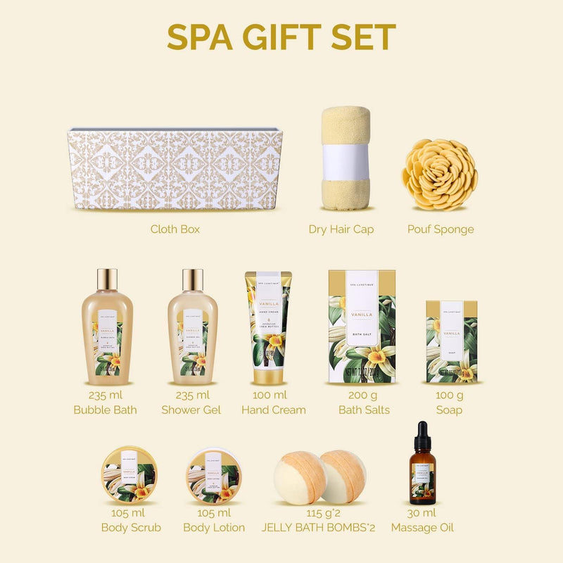 Spa Luxetique Spa Gift Set,12pcs Vanilla Shower Set, Pamper Gifts for Women, Bath Gift Set with Body Lotion, Bath Bomb, Bubble Bath, Bath Sets for Women Gifts Birthday Christmas Gift Sets