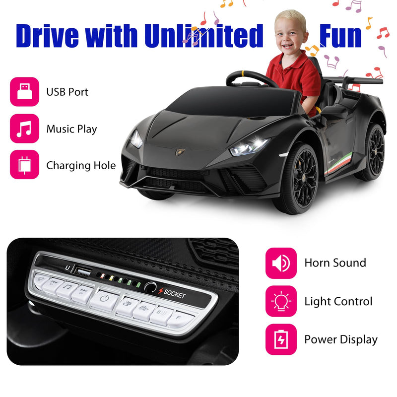 GYMAX Kids Electric Ride on Car, 12V Licensed Lamborghini Battery Powered Toy Vehicle with Remote Control, MP3, USB Port, Music, LED Light & Horn, Children Electric Car for 3+ Years Old (Black)