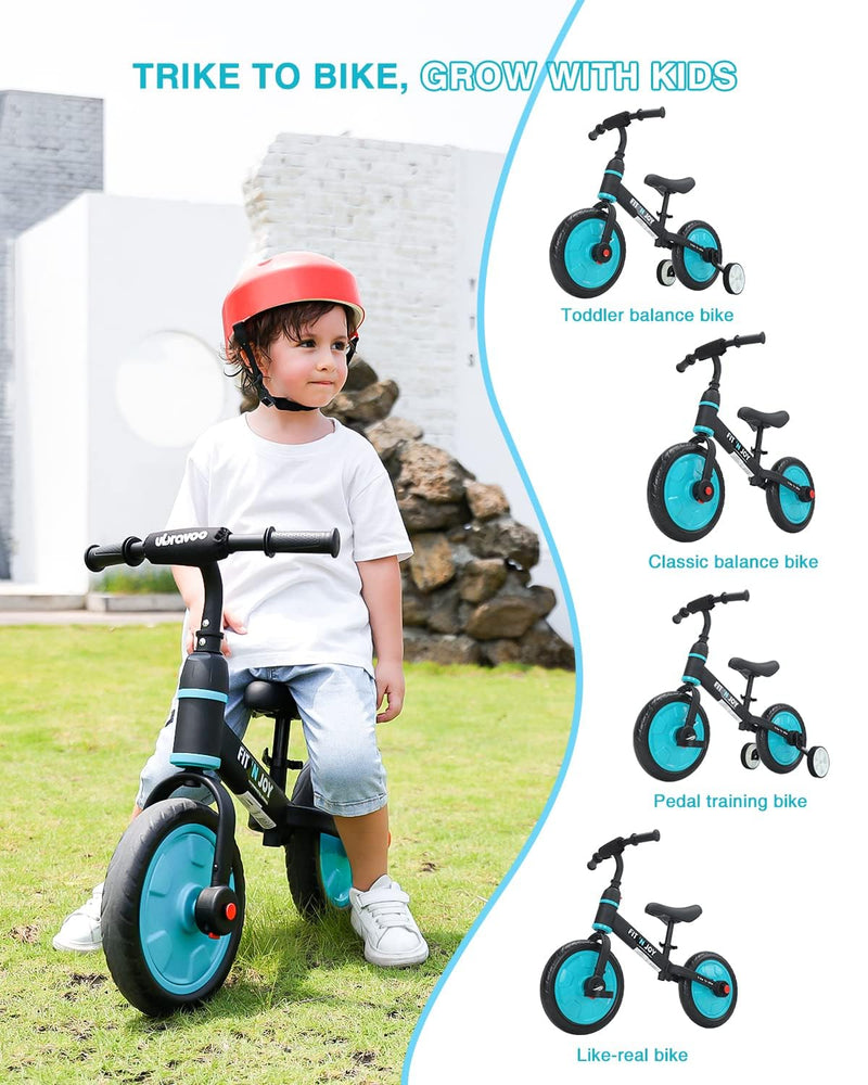 UBRAVOO Fit 'n Joy Beginner Toddler Training Bicycle, 4-in-1 Kids Balance Bike with Pedals & Training Wheels Options, Trike to Bike Riding Toys for Boys Girls 2-5 (Blue)