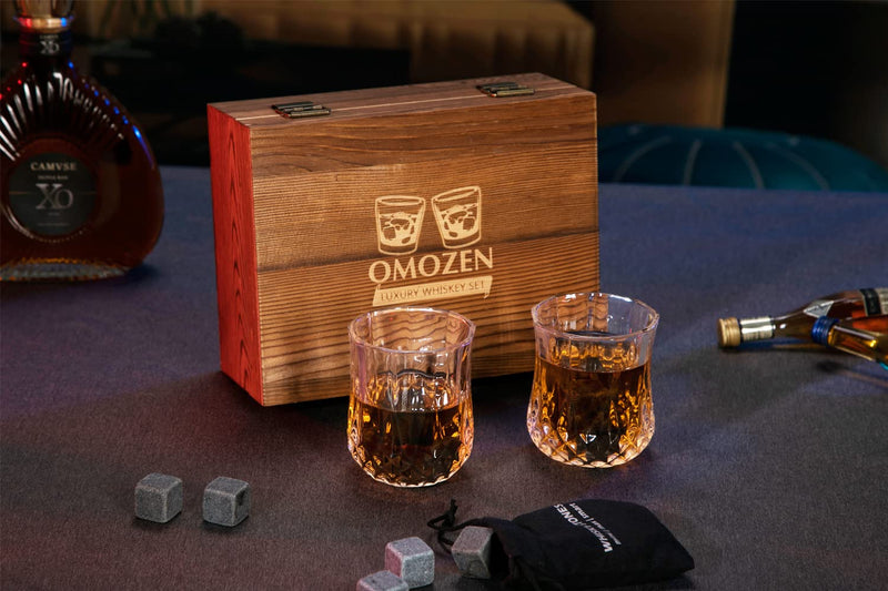 Whiskey Stones and Whisky glasses Gift Set for Men - 8 Whiskey Chilling Rocks - 2 Whiskey Scotch Bourbon Glasses - Christmas Fathers Day Present Gift for Him Boyfriend Dad Husband