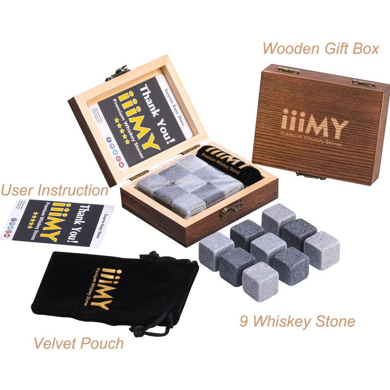 iiiMY Whisky Stones Gift Set of 9 Natural Soapstone and Granite Chilling Rocks with Stylish Wooden Box and Free Velvet Pouch - Christmas, Birthday, Fathers Day Gift for Men