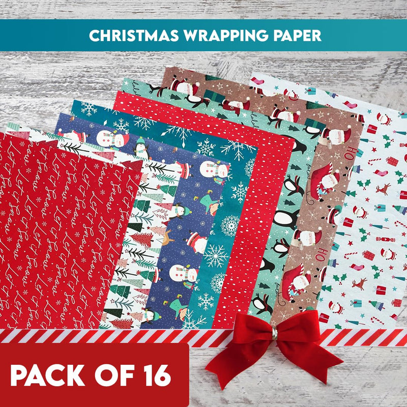 GEMS |16 Christmas Wrapping Paper 50cm x 70cm | 8 Festive Designs | Premium Quality Paper | Ideal for Xmas Birthday Christmas Party Festival Wrapping Paper | Gifts Wrapping Paper Sheets - Gift Guide