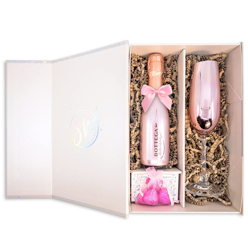 Bottega Rose Gold Spumante Sparkling Wine 20cl Gift Set Hamper With Matching Pink Champagne Flute And Chocolates - Fully Gift Boxed Pink Fizz Gifts For Wine Lovers (Metallic Top)