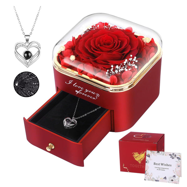 Preserved Red Real Rose with I Love You Necklace in 100 Languages-Eternal Flowers Rose Gifts for Her Women Mum Wife Girlfriend on Christmas Valentines Day Mothers Day Anniversary Birthday