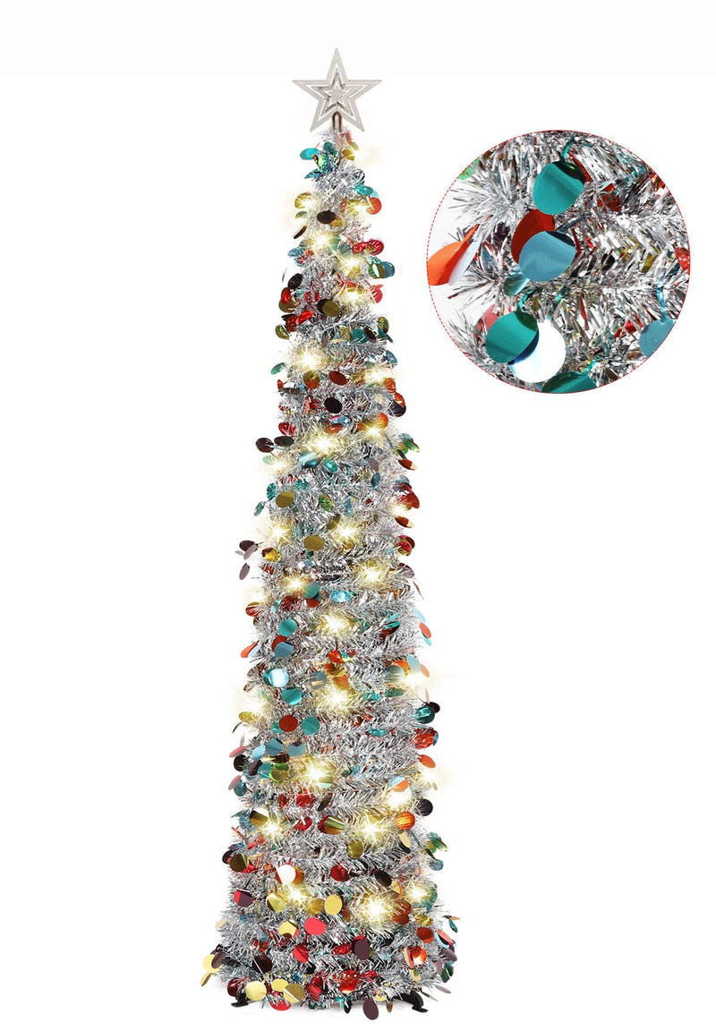 HMASYO 5FT Pop Up Christmas Tree with Timer 50 Lights, Tinsel Christmas Tree, Collapsible Artificial Pencil Tree Xmas Decoration for Indoor Home Apartment Porch Party, Easy Assembly - Gift Guide