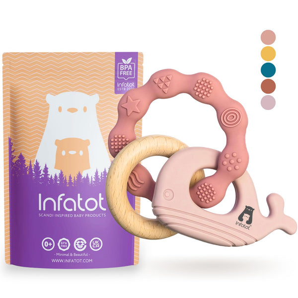 Infatot® Teething Toys for Baby - MultiTexture Baby Teethers 0-6 Months, Baby Essentials for Newborn - Baby Shower Gifts, Baby Teething Toys Silicone Teethers for Babies 6 Months - Pink and Salmon - Gift Guide