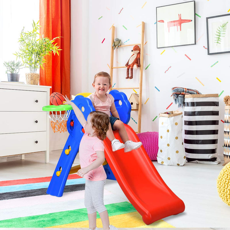 COSTWAY Folding First Slide for Kids | Toddlers | Children, Foldable for Easy Storage, Primary Climb Toy, Safety Plastic, Use for Indoor Outdoor Garden Playground (Slide with Basketball Hoop)