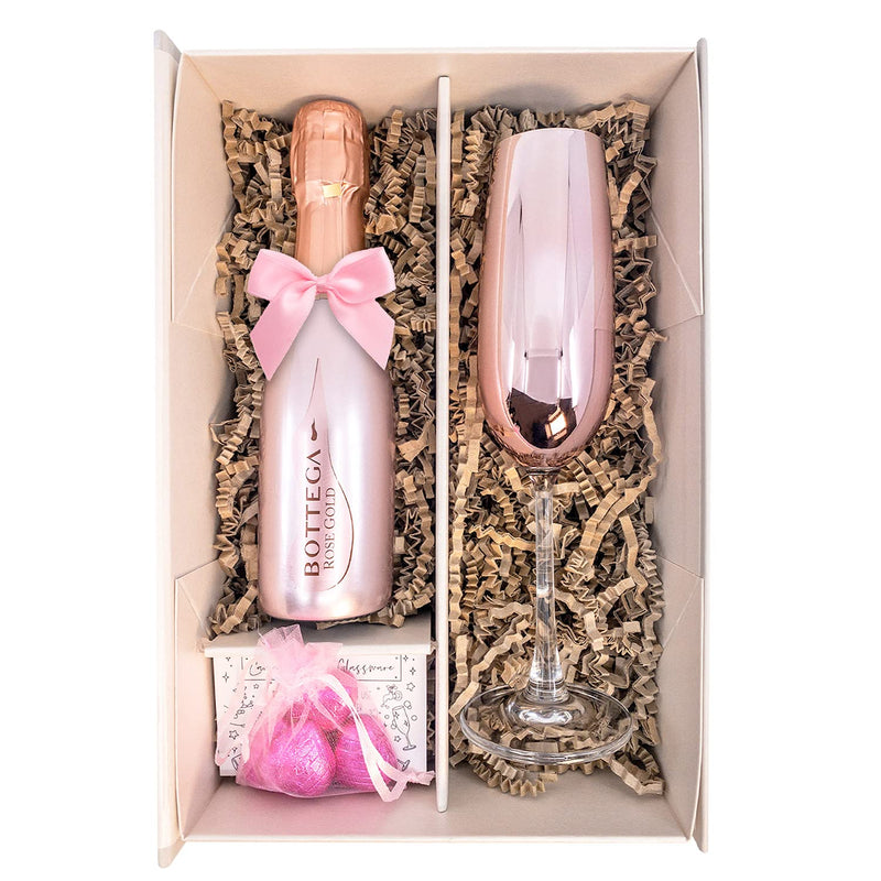 Bottega Rose Gold Spumante Sparkling Wine 20cl Gift Set Hamper With Matching Pink Champagne Flute And Chocolates - Fully Gift Boxed Pink Fizz Gifts For Wine Lovers (Metallic Top)