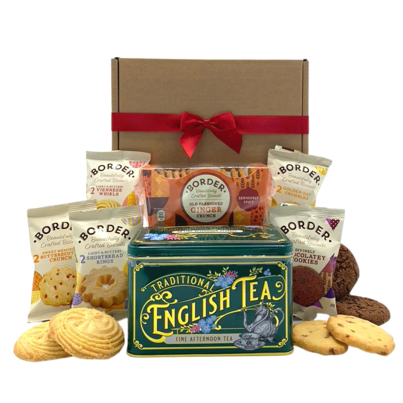 Border Biscuits Gift Set Afternoon Tea Hamper with Border Ginger Crunch 135g, English Afternoon Teabags in a Luxury Tin (40 Teabags) and x10 Border Biscuits - The Perfect Tea and Biscuits Gift Set - Gift Guide