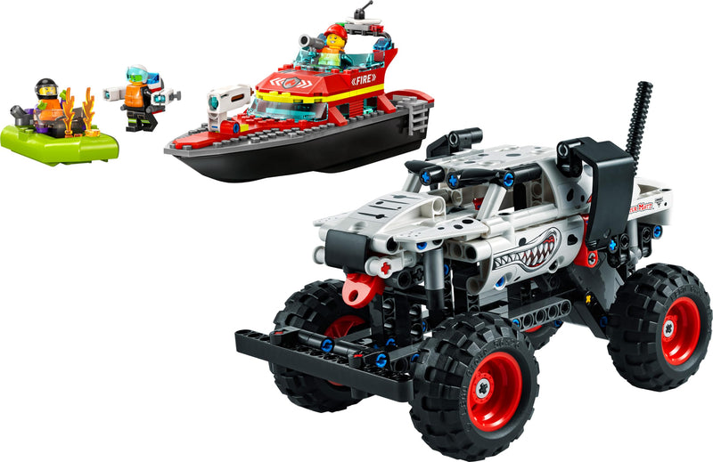 LEGO Action Vehicle Bundle: City Fire Rescue Boat (60373) and Technic Monster Jam Monster Mutt Dalmatian (42150), Includes Floating Toy Boats & Pull-Back Truck, Easter Gift Idea for Boys and Girls