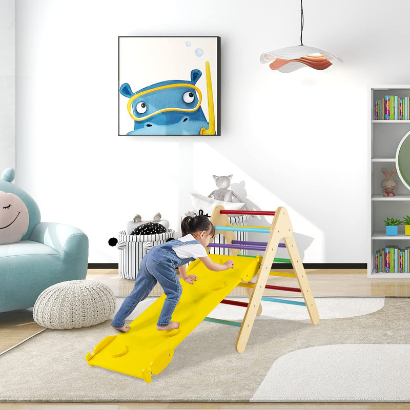 COSTWAY Toddler Climbing Frame, Kids Wooden Montessori Triangle Climber with Double Sided Ramp, Indoor Play Gym for Boys Girls (Multicolor)