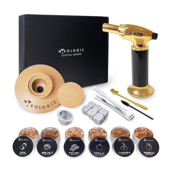 MIXOLOGIC Cocktail Smoker Kit with Torch, 6 Wood Chips, Whiskey Stones & Accessories, Old Fashioned Whisky Smoking Set, Drinks Infuser (No Butane)