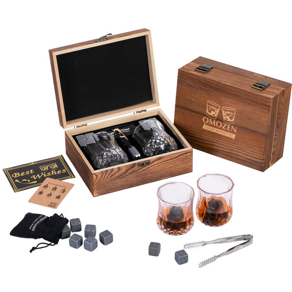 Whiskey Stones and Whisky glasses Gift Set for Men - 8 Whiskey Chilling Rocks - 2 Whiskey Scotch Bourbon Glasses - Christmas Fathers Day Present Gift for Him Boyfriend Dad Husband