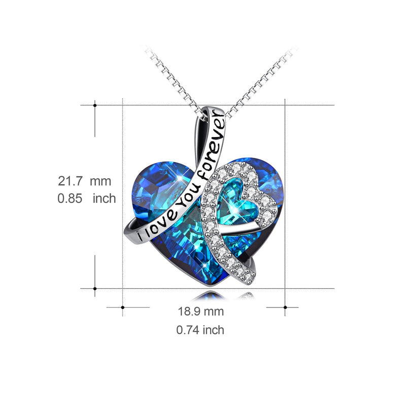 Sterling Silver I Love You Forever Heart Pendant Necklace with Birthstone Crystals, Mothers Day Wedding Anniversary Jewellery Gifts for Her Women Wife Mum Girlfriend (Blue)