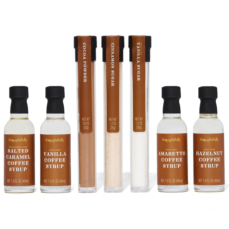 Thoughtfully Gourmet, Coffee Bar Gift Set, Includes 4 Delicious Coffee Syrups, 2 Flavored Sugars and 1 Cocoa Powder to Elevate Your Coffee - Gift Guide