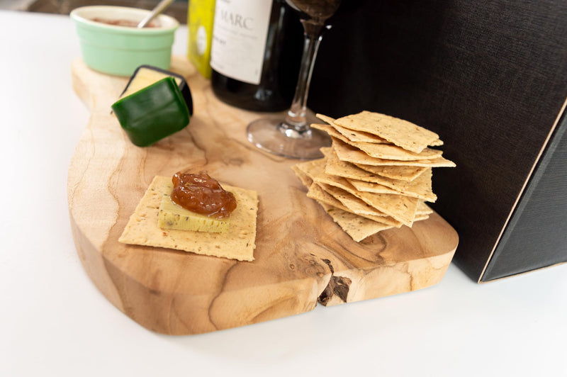 InterHamper | Wine and Cheese Hamper - Includes a hand picked bottle of Award Winning Merlot, a duo of Cheese Truckles, Pear and Plum Chutney and Crackers all presented in a Gift Box