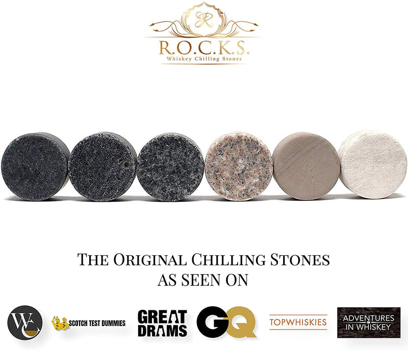 Whiskey Chilling Stones Gift Set - 6 Handcrafted Premium Granite Round Sipping Rocks - 2 Crystal Glass Tumblers - Hardwood Presentation & Storage Tray - Elegant Gold Foil Gift Box by R.O.C.K.S.