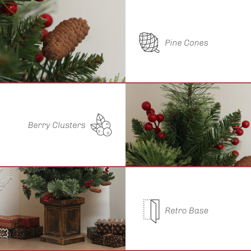 HOMCOM 1.2m/4ft Artificial Christmas Tree with 100 Warm White LED Lights and 8 Modes, Small Xmas Tree with Red Berries, Pine Cones and Retro Base, Green - Gift Guide